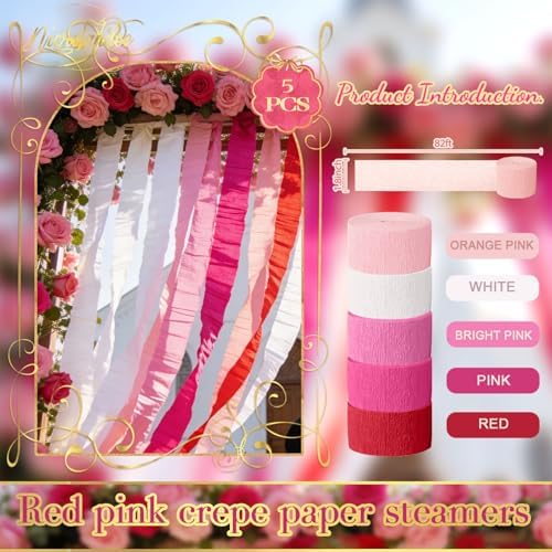 NICROLANDEE 5 Rolls Pink Red White Crepe Paper Streamers for Wedding, Birthday, Valentine's Day Decorations, Bachelorette, Bridal Baby Shower, Backdrop or Photo Booth - Image 3