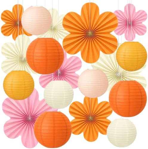 Sunset Party Decorations, 18Pcs Hanging Paper Lanterns & Flower Fans Set by Peywot