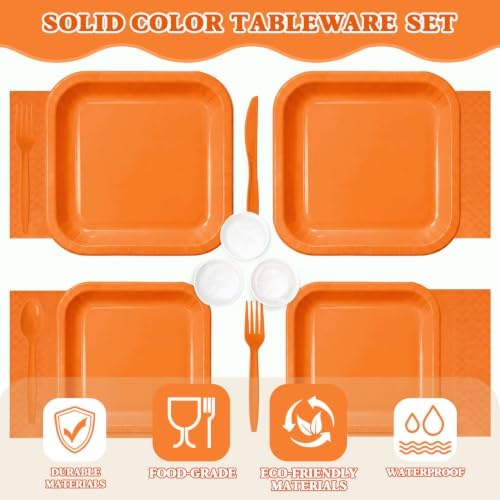 Vyntra 350 Pcs Orange Square Paper Plates and Napkins Set, Serves 50 - Image 3