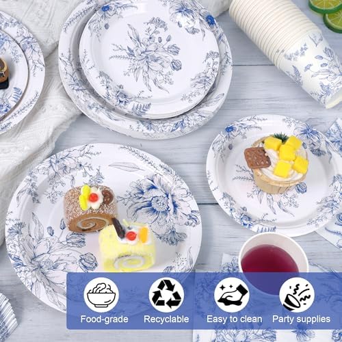 Kochorie 96 Piece Blue and White Floral Disposable Party Supplies Elegant Floral Paper Plates, Cups, and Napkins 9 Inch and 7 Inch Plates Serves 24 Guests for Birthday or Baby Shower - Image 4