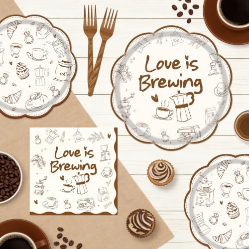 Love is Brewing Bridal Shower Decorations - 96 Pcs Coffee Bridal Shower Plates Napkins Forks Decorations, Coffee Bar Party Tableware for Wedding Engagement Bachelorette Serves 24 - Image 5
