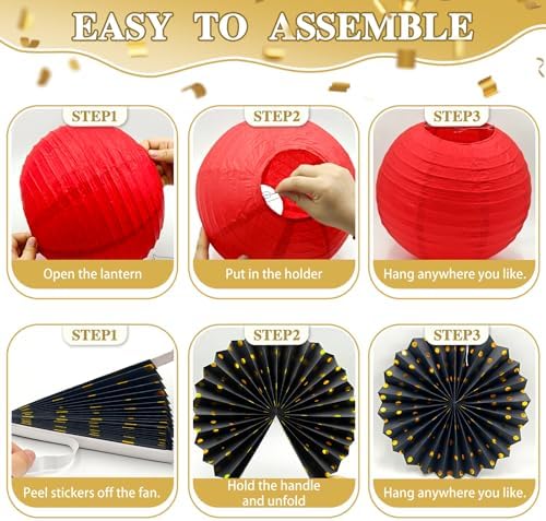 ADLKGG 14 Pcs Red Black Gold Party Decorations, Paper Fans Lanterns Pack - Image 7