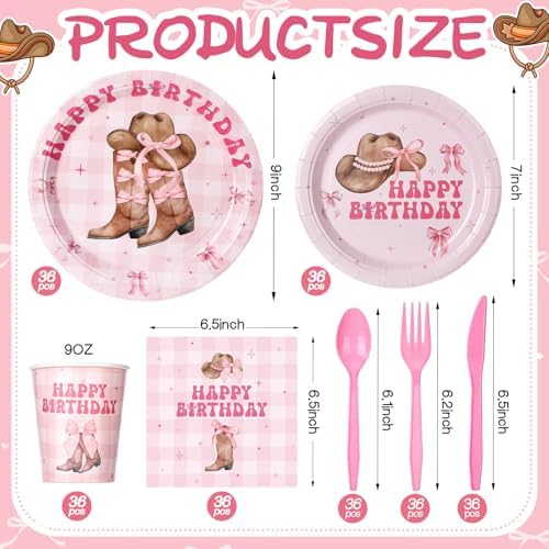 Yungyan 252 Pcs Pink Bow Cowgirl Birthday Party Tableware Set Included Plates Napkins Cups Forks Knives Cutlery for Party Decorations Supplies 36 Guests - Image 2