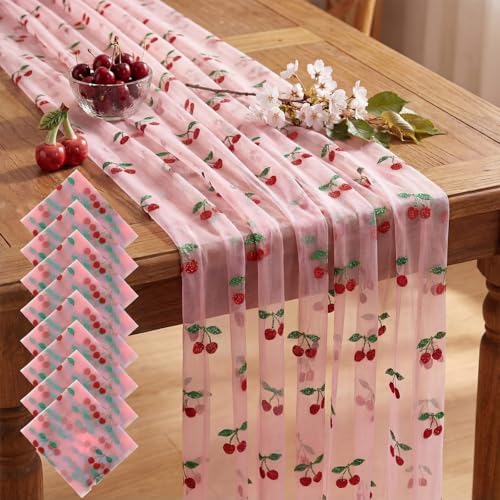 8 Pcs Cherry Table Runner Pink Sheer Lace Tablecloth 29 x 70 in by Windkream