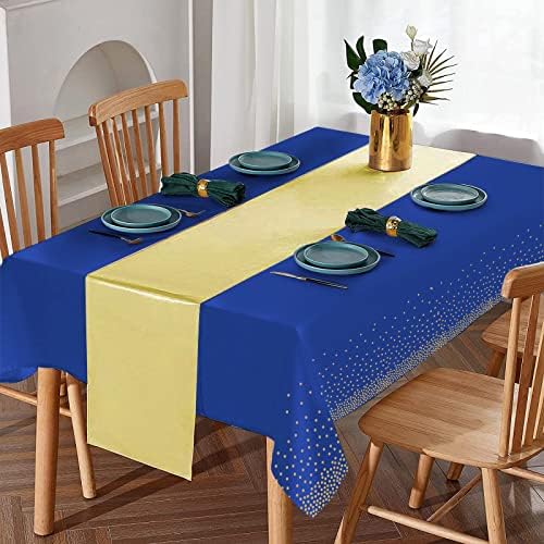 16Pack Disposable Plastic Tablecloths and Satin Table Runner Set Blue and Gold Dot Tablecloth Gold Satin Table Runner for Wedding Birthday Baby Shower Anniversary Christmas New Year Party Decorations - Image 4