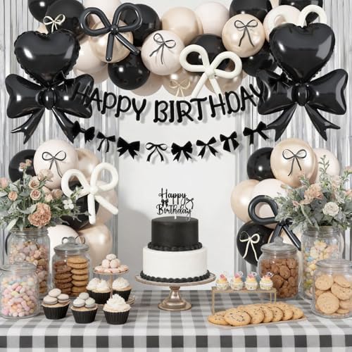 Black Bow Birthday Party Decorations, Coquette Bow Black Sand White Beige Balloons with Bows Decor Happy Birthday Banner Fringe Curtain for Women Girls Bows Theme Bachelorette Baby Shower Party - Image 7
