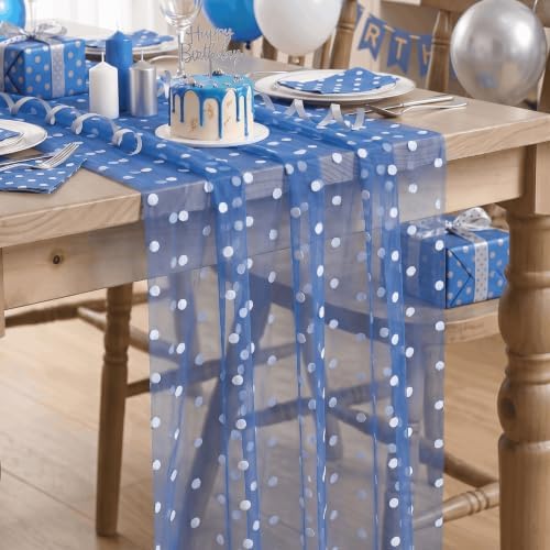 Artoid Mode Dark Blue Gauze Flocking White Dots Table Runner 10FT,Summer Sheer Dining Table Decor for Wedding Anniversary Holiday Birthday Home Party by ArtoidMode