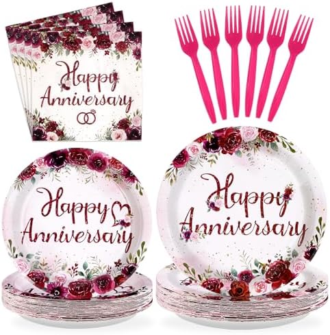96Pcs Burgundy Flowers Anniversary Party Decorations Serves 24 by Greencian