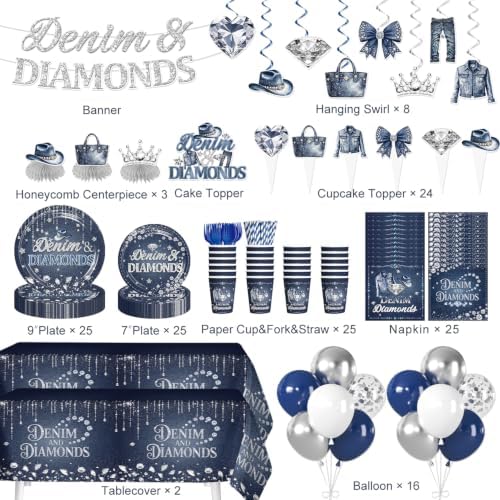 213 Pcs Denim And Diamonds Party Decorations Disposable Plates and Napkins - Image 2