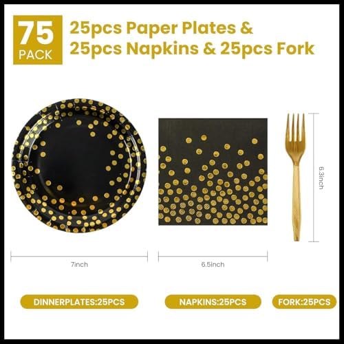 75PCS Black and Gold Paper Plates and Napkins Party Supplies, Disposable Black Gold Dessert Plates Black Napkins Tableware Dinnerware Set for Birthday Retirement Weddings Baby Shower Party Decor - Image 2