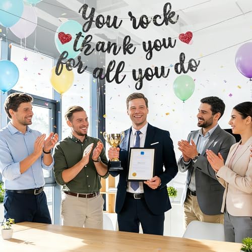 Pre-Strung You Rock Thank You For All You Do Banner - Glitter Employee Appreciation Decorations, Staff Teacher Nurse Recognition Party Supplies, Retirement Office Decor Sign, Large Cardstock Garland (Black) - Image 5