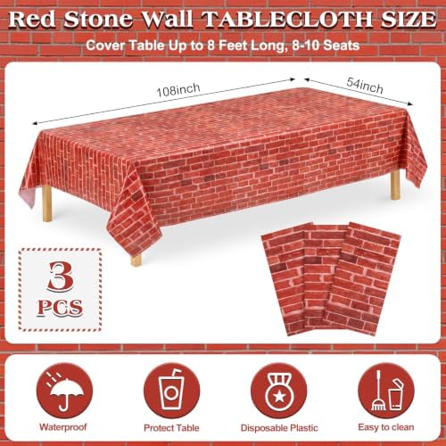 3 Pack Red Stone Wall Plastic Tablecloth, Medieval Castle Party Decoration - Image 2