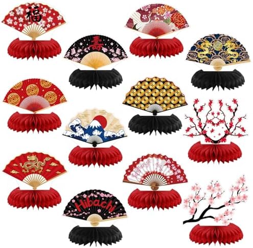Pickmesh 12 Pieces Hibachi Birthday Party Decorations Honeycomb Centerpieces Japanese Paper Fans Table Decorations Cherry Blossom Table Topper for Japanese Party Supplies by Pickmesh