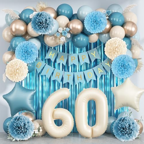 Dusty Blue 60th Birthday Party Decorations Men Beige Number 60 Balloon by KAINSY