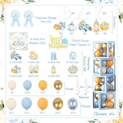 249pcs Little Pumpkin Baby Shower Decorations for Boy,A Sweet Little Pumpkin is On the Way Baby Shower,Blue Pumpkin Floral Balloons Plates Boxes Tablecloth for Fall Thanksgiving Autumn Party Decor - Image 5