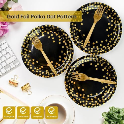 75PCS Black and Gold Paper Plates and Napkins Party Supplies, Disposable Black Gold Dessert Plates Black Napkins Tableware Dinnerware Set for Birthday Retirement Weddings Baby Shower Party Decor - Image 3