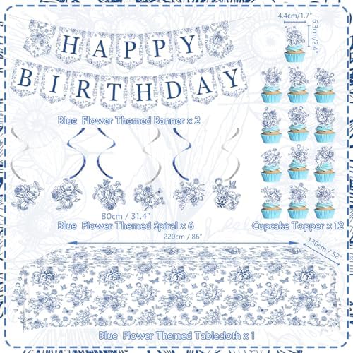 Blue Floral Party Decoration, Including Happy Birthday Banner, Plates, Cups, Napkins, Tablecloth, Paper Lantern, Straws, for Flower Birthday Wedding Chinoiserie Party Supplies Serves 20 - Image 3