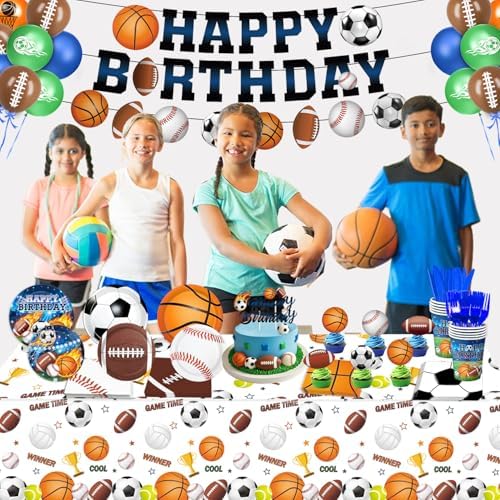 191 PCS Sports Birthday Party Decorations Includes Plates, Napkins, Cups, Knives, Forks, Banner, Cake & Cupcake Toppers, Tablecloth for Sports Themed Party Decorations, Serves 24 - Image 7