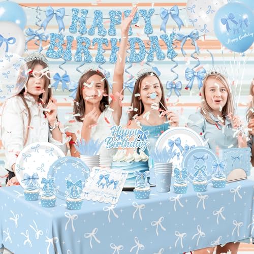 Blue Bow Birthday Party Supplies Serve 24,Coquette Birthday Decorations Blue Bow Party Plate,Napkin,Banner,Cup for Girls Women Bridal Engagement,Baby Shower Decorations - Image 5