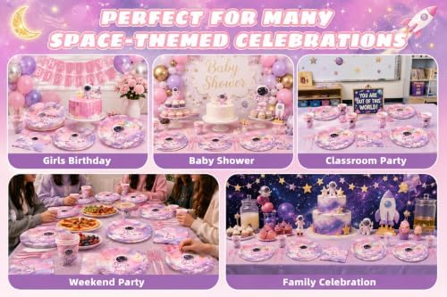 Outer Space Birthday Party Supplies for Girls, 96 Pcs Astronaut Disposable Tableware Set with 9 Inch and 7 Inch Paper Plates, Napkins and Forks, Pink Galaxy Decorations for 24 Guests Baby Shower - Image 5