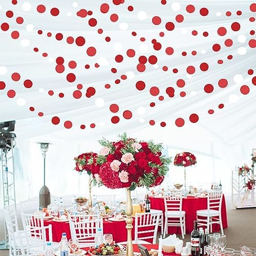 46 Ft Red Party Decorations Polka Dots Garlands Red and White Hanging Paper Circle Dots Streamer for Valentines Anniversary Birthday Graduation Wedding Christmas Holiday Bridal Shower Party Supplies - Image 4