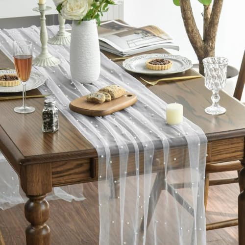 Artoid Mode Pearl Gauze Table Runner 59x120 Inch , Seasonal Sheer Kitchen Dining Holiday Wedding Birthday Baby Shower Table Decor for Home Party - Image 2