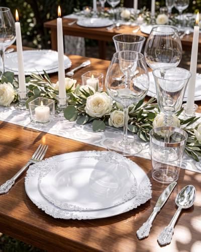 Nervure 350Pcs Silver Plastic Plates, Plastic Dinnerware Set for 50 Guests - Image 6