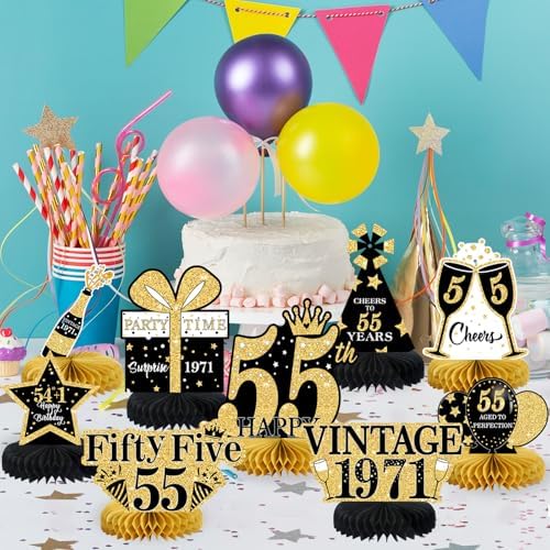 9Pcs 55th Birthday Decorations Honeycomb Centerpieces for Men Women, Black Gold Happy 55th Birthday Centerpieces Tables Toppers Party Decorations Supplies, Vintage 1971 Aged Table Sign Decor - Image 5