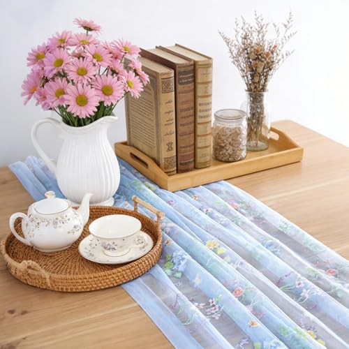 BINBE 3pcs Blue Florals Table Runner Embroidery Gauze 10FT Daisy Seasonal Tulle Birthday Wedding Holiday Kitchen Dining Table Decor for Home Party - Image 6