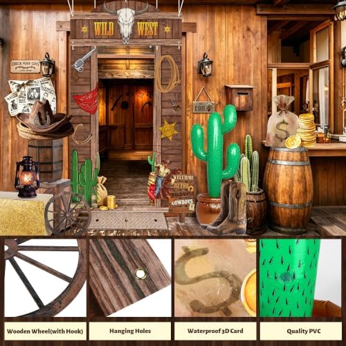 Fovths 15 Pcs Western Cowboy Rodeo Party Decoration Kit Trunk or Treat Car Decor Large Backdrop Hay Bales Boxes Inflatable Cactus Barrel Cardboard Photo Prop Decor for Western Birthday Theme Party - Image 3