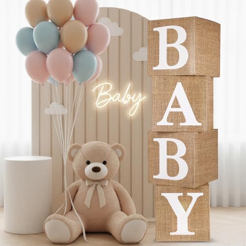 RUBFAC Burlap Print Baby Boxes with Letters for Baby Shower, 4pcs Rustic Farmhouse Style Boho Balloon Boxes with Burlap Grain for Birthday Gender Reveal Decoration Backdrop Photo Props by RUBFAC