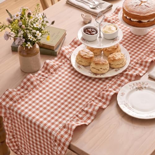 Artoid Mode Caramel Farmhouse Plaid Gingham Ruffle Table Runner, Seasonal Scalloped Fall Kitchen Dining Table Decoration for Home Party Decor 13x120 Inch - Image 4