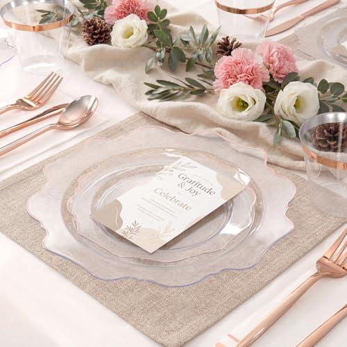 WDF 350Pcs Rose Gold Plastic Plates - Clear Rose Gold Disposable Plates 50Guest Plastic Dinnerware for Birthday/Wedding/Holidays/Thanksgiving/Christmas - Image 5