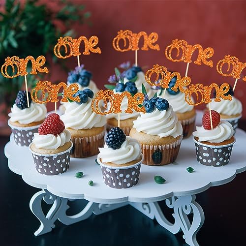 24Pcs Pumpkin One Cupcake Toppers Glitter First Birthday Pumpkin Cupcake Picks for Fall Theme Baby Shower Kids 1st Birthday Party Cake Decorations Supplies Orange - Image 4