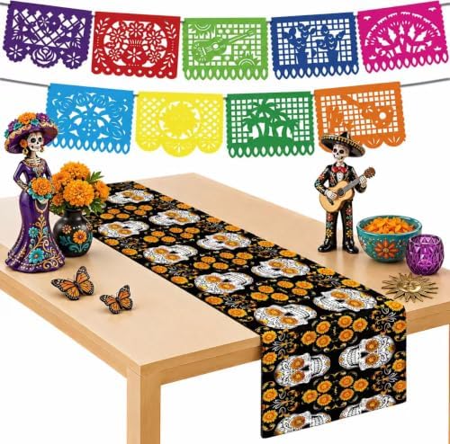 Dia De Los Muertos Decorations - Sugar Skull Table Runner with Banner by OHOME