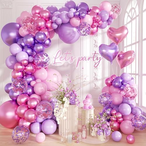 Pink Purple Balloon Garland Arch Kit,160Pcs Metallic Purple Magenta Balloons Pink and Purple Confetti Balloons with Heart Foil Balloon for Girl Birthday Bridal Baby Shower Party Decoration by Futureferry