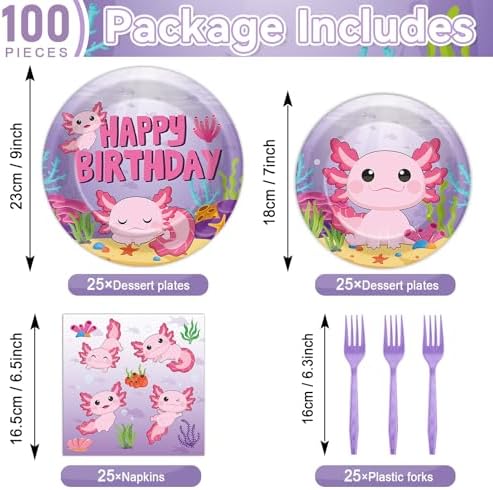 100 Pcs Axolotl Birthday Party Supplies Pink Axolotl Disposable Paper Plates Forks Tableware Sets Cute Cartoon Reptile Animals Happy Birthday Decorations for Kids Girls Baby Shower Serve 25 Guests - Image 2