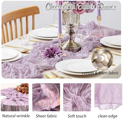 Lilac Cheesecloth Table Runner 6 Pack 35" Boho Gauze Runner 120 inches Long Runner Rustic Sheer Fabric Bulk for Baby Shower Wedding Bridal Birthday Party Picnic Table Decorations - Image 3