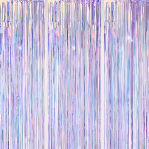 DECOCKRAT 3 Pack Foil Fringe Backdrop - Iridescent Shiny Tinsel Curtains for Party Decoration/Photo Booth Props - 3.3x8.2 FT Metallic Foil Backdrop for Birthday, Wedding, Graduation, Christmas. by DECOCKRAT