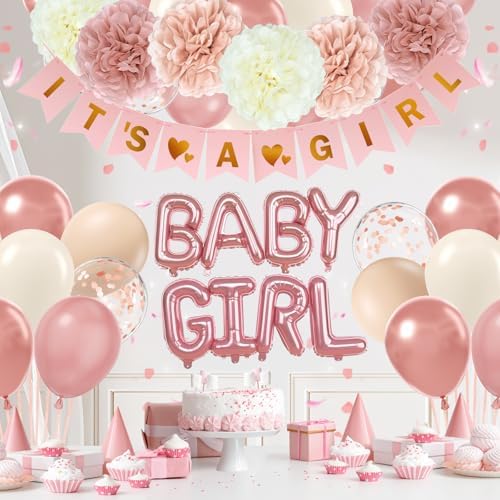 Vicduotex Pink Baby Shower Decorations with Ivory Paper Pom Poms by Vicduotex
