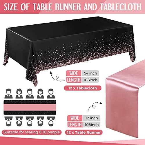 Breling 24 Pack Black and Rose Gold Tablecloths and Satin Table Runner Set - Image 2
