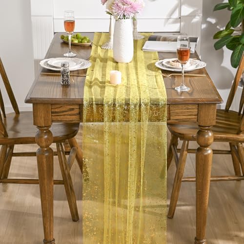 Artoid Mode 3PCS Light Yellow Gold Gauze Table Runner 120 Inch 10FT, Glitter Metallic Foil Sheer Dining Wedding Anniversary Holiday Birthday Table Decor for Home Party - Image 2