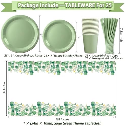 Guudmua 222 Pcs Sage Green Happy Birthday Decorations, Birthday Decorations for Women or Girl Kit- Disposable Dinnerware Set with 25 Guest, Balloons, Sash, Tiara, Banner, Paper Pom Poms - Image 3