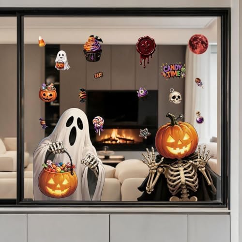2 Sheets Halloween Window Clings Decorations Ghost Skeleton Pumpkin Window Stickers Static Spooky Glass Window Sticker Decals for Home Office Classroom Party Haunted House Seasonal Decor - Image 7