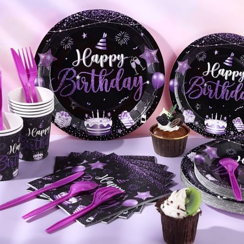 Vesici 171 Pcs Happy Birthday Party Supplies 24 Set Table, Black, Purple - Image 2
