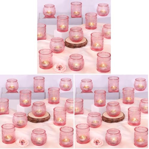 DARJEN 24Pcs Pink Votive Candle Holders- Glass Candle Holders Bulk for Flameless LED Tea Waxes, Romantic Candle Holder for Wedding Decor, Various Parties & Dinner Table (Pack of 3) by DARJEN