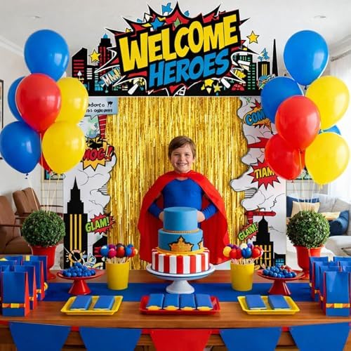 VitalCozy 7 Pcs Hero Party Backdrop Banner Gold Fringe Curtain Decor - Image 3