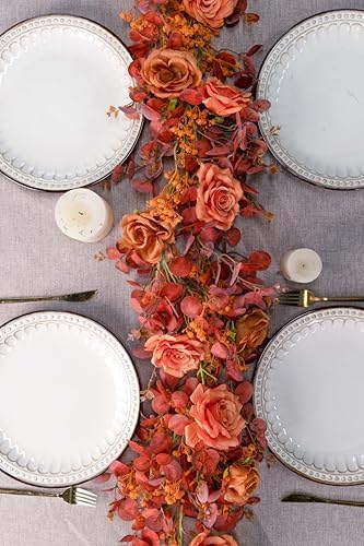 Anna's Whimsy 5.91FT Artificial Eucalyptus Garland with Flowers, Fall Decor Fake Rose Gypsophila Garland, Fall Flower Faux Floral Garlands for Wedding Home Party Table Runner(Orange, 1) - Image 3