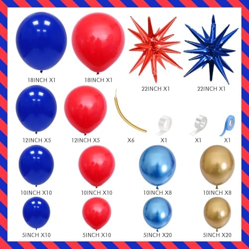 Red Blue Gold Balloons Arch Royal Blue Red Gold Balloons Garland Metallic Blue Gold Latex Balloons with Explosion Star Foil Balloon Gold Long Balloons for Birthday Party Decorations Superhero Circus - Image 4
