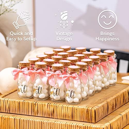 Ethisa Small 24 Pack It's a Girl Milk Glass Bottles with Ribbons and Stickers - Vintage Baby Shower Favors for Guests and Table Centerpieces - Girl Baby Shower Decorations - Sturdy Thank You Candy Jar - Image 4